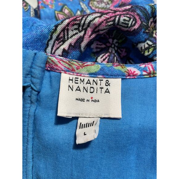 Hemant And Nandita Blue Linen Floral Short Dress Size L - Picture 4 of 5